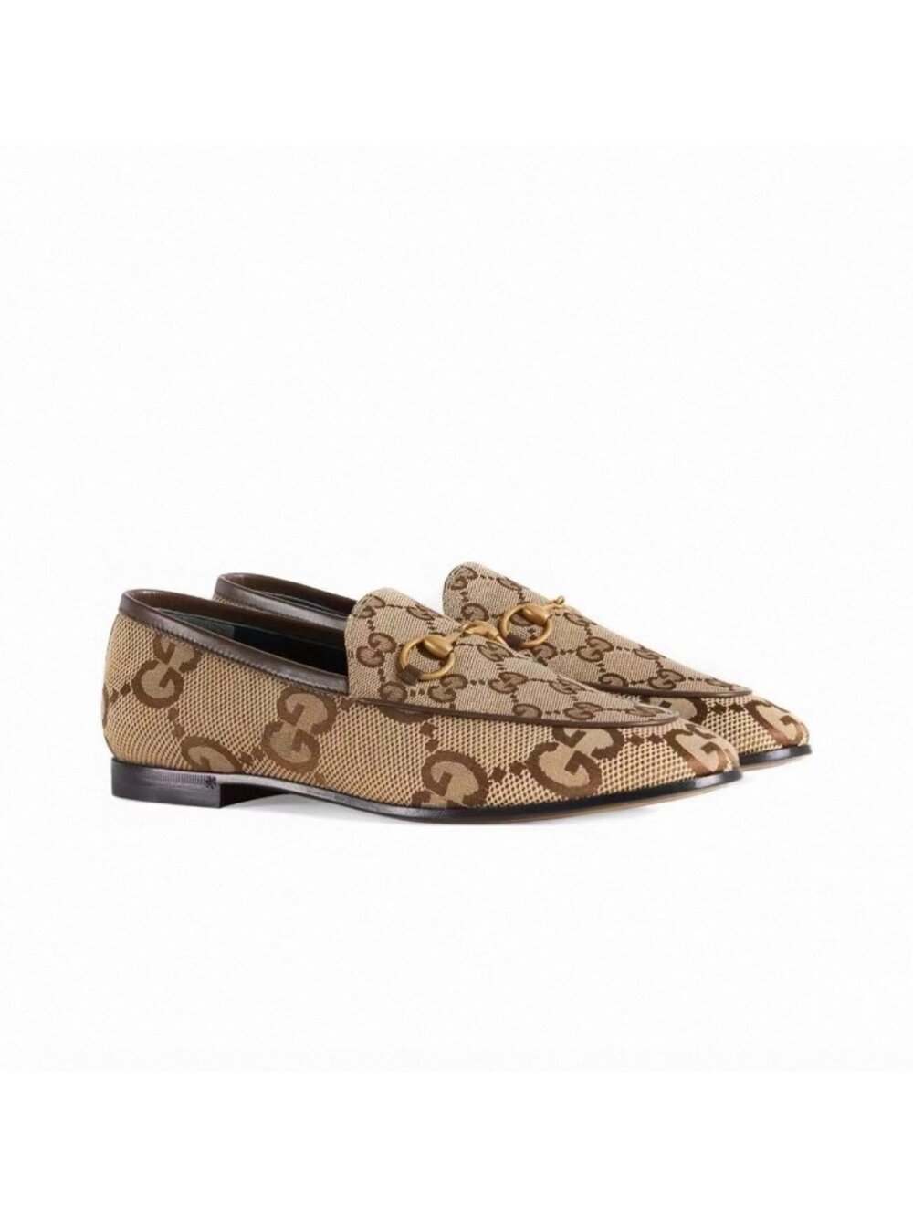 Gucci Monogram Jumbo GG Malaga Kid Horsebit Jordaan Loafers Camel Ebony Beige EU